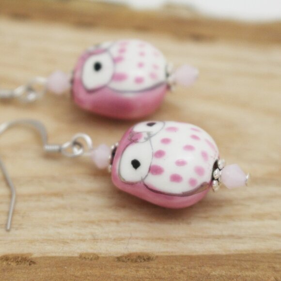 Pink Porcelain Beaded Owl Earrings - Hand Painted - Handmade & Hypoallergenic - Picture 4 of 8